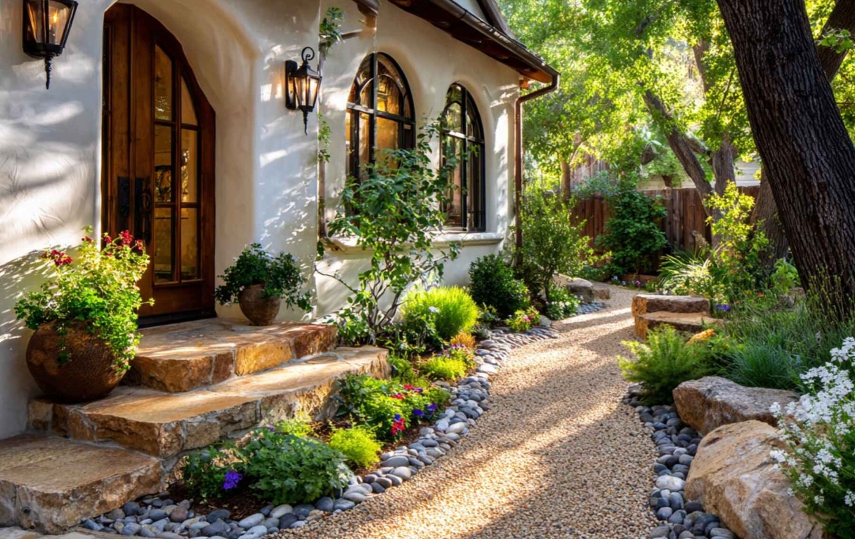 Custom landscape design with natural stone entrance in South Gate, CA